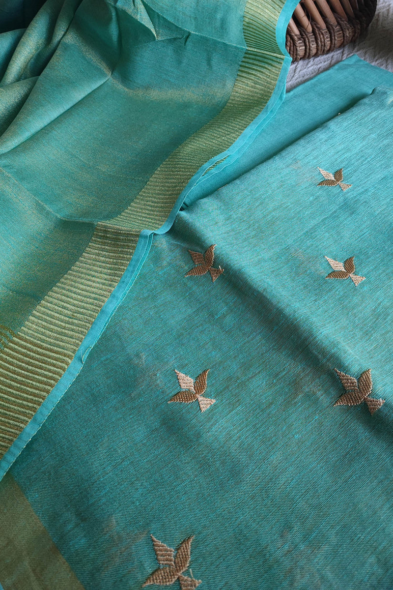 Firozi Handloom Soft Tissue Linen Suit With Resham Embroided Shirt & Zari Border Dupatta (Copy)