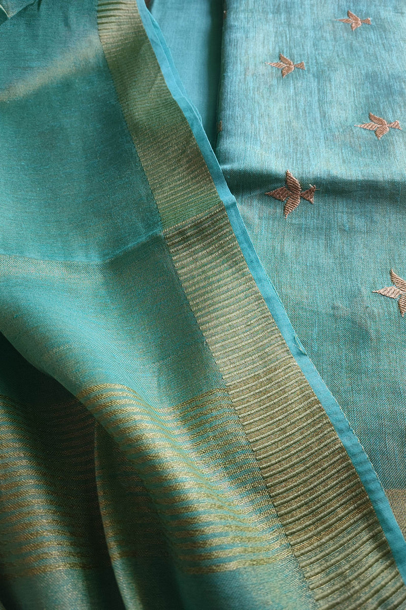 Firozi Handloom Soft Tissue Linen Suit With Resham Embroided Shirt & Zari Border Dupatta (Copy)