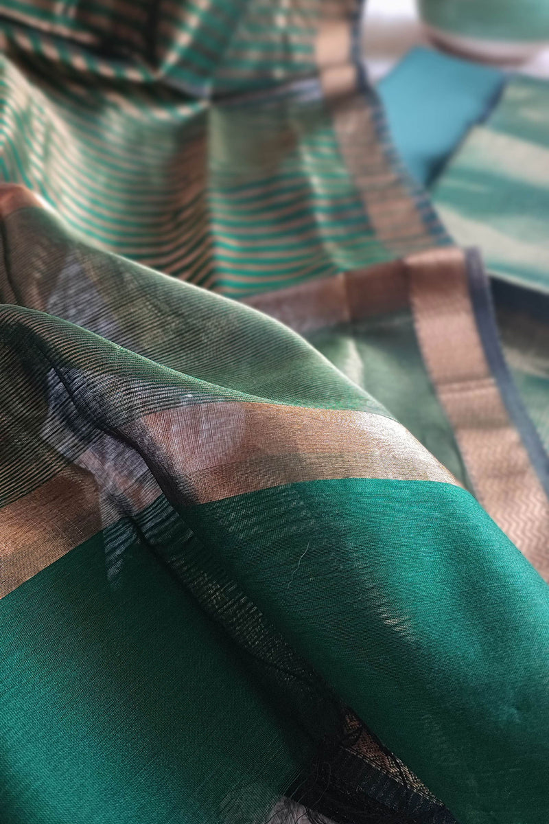 Emerald Green Maheshwari Tissue Suit With Zari Striped Shirt and Dupatta
