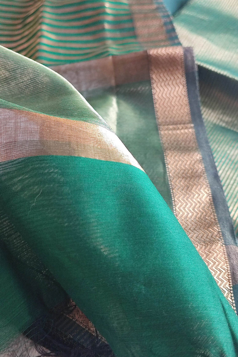 Emerald Green Maheshwari Tissue Suit With Zari Striped Shirt and Dupatta