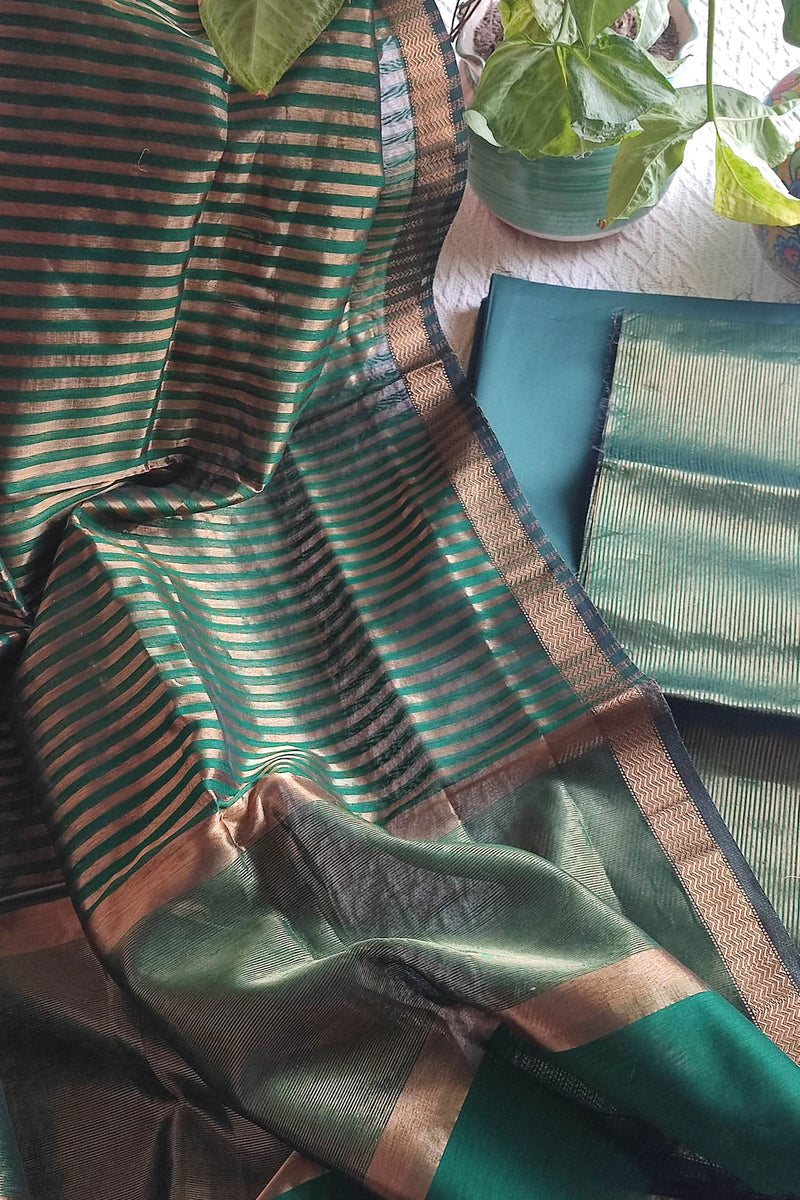 Emerald Green Maheshwari Tissue Suit With Zari Striped Shirt and Dupatta