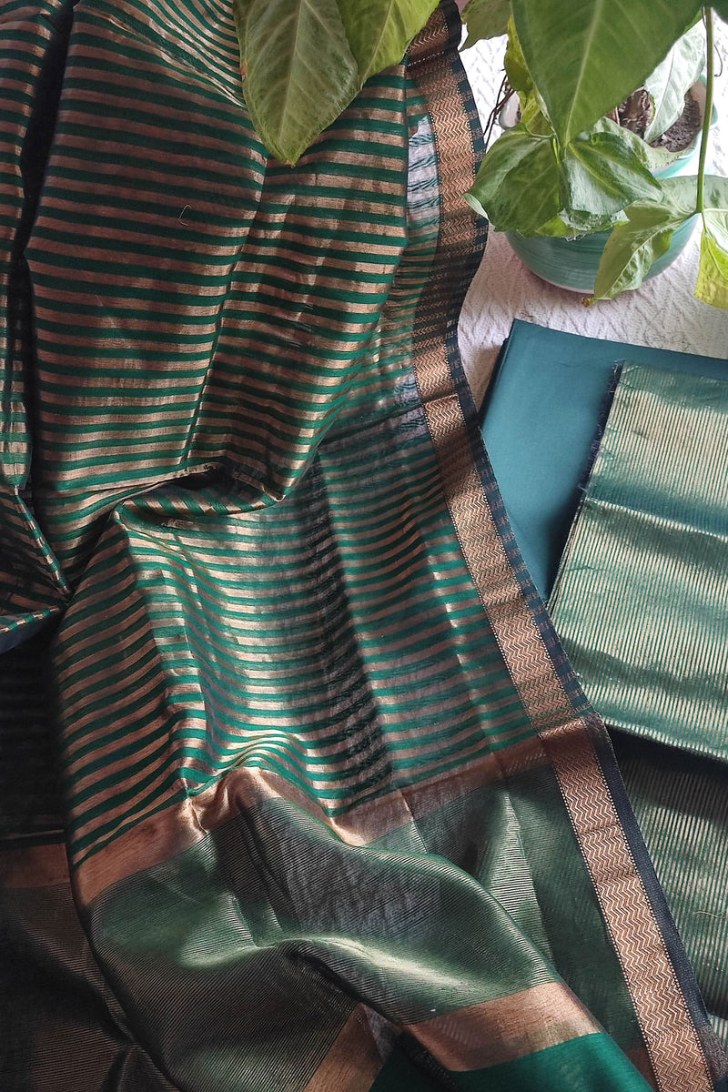 Emerald Green Maheshwari Tissue Suit With Zari Striped Shirt and Dupatta