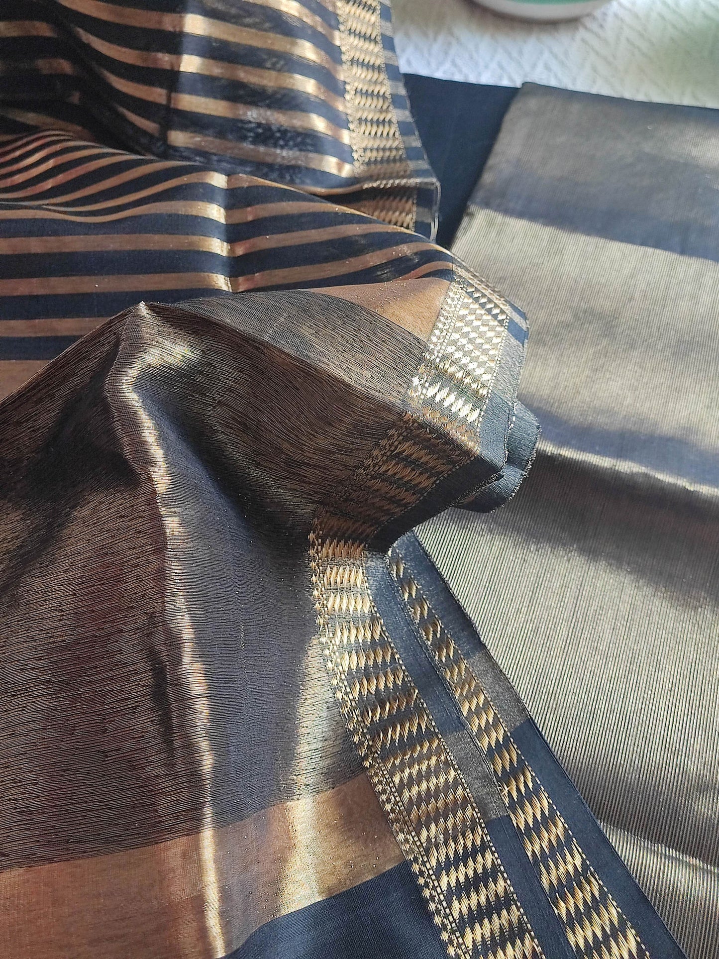 Charcoal Black Maheshwari Tissue Suit With Zari Striped Shirt and Dupatta