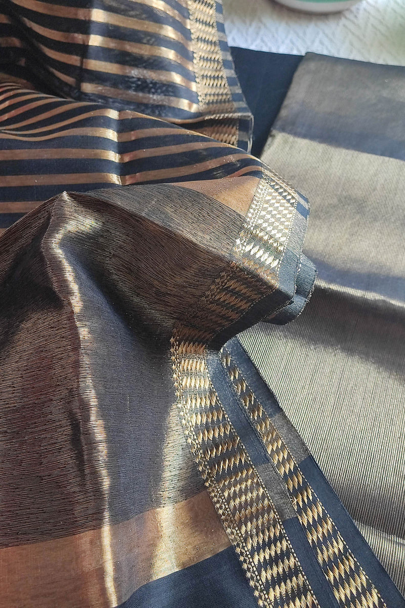 Charcoal Black Maheshwari Tissue Suit With Zari Striped Shirt and Dupatta