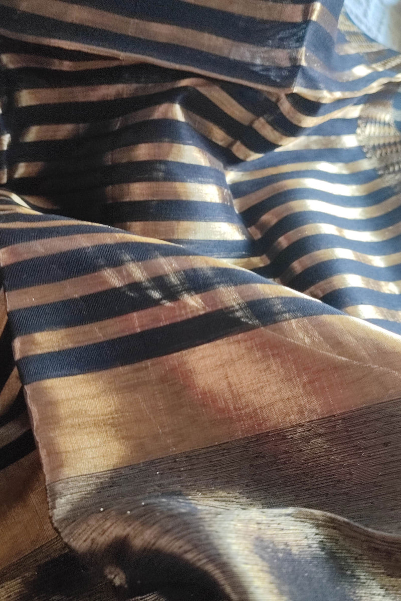 Charcoal Black Maheshwari Tissue Suit With Zari Striped Shirt and Dupatta