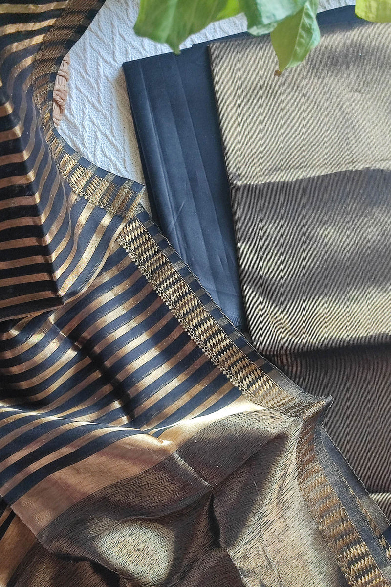 Charcoal Black Maheshwari Tissue Suit With Zari Striped Shirt and Dupatta