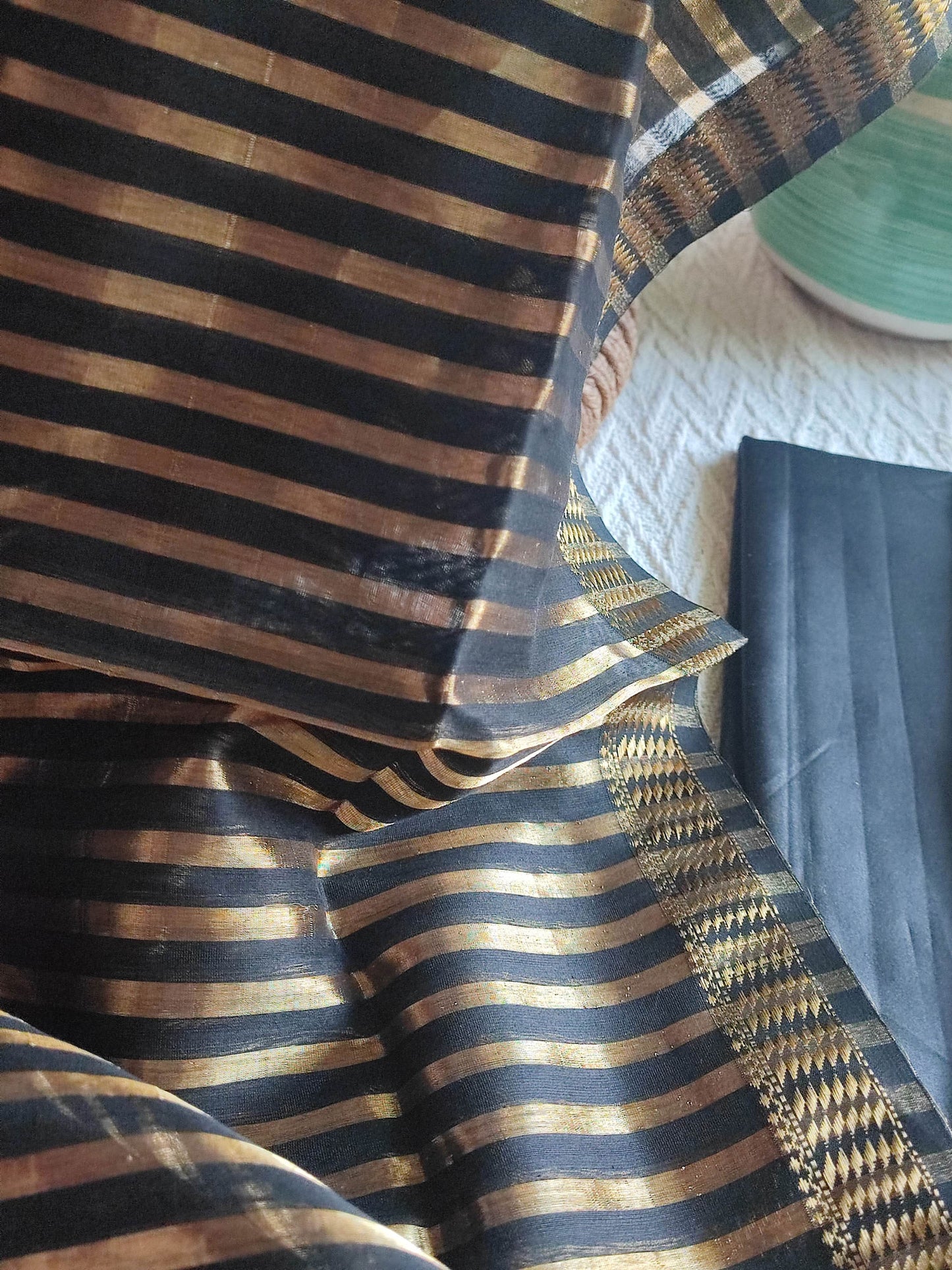 Charcoal Black Maheshwari Tissue Suit With Zari Striped Shirt and Dupatta