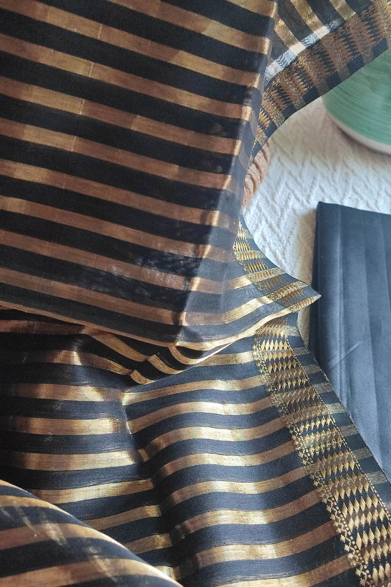 Charcoal Black Maheshwari Tissue Suit With Zari Striped Shirt and Dupatta