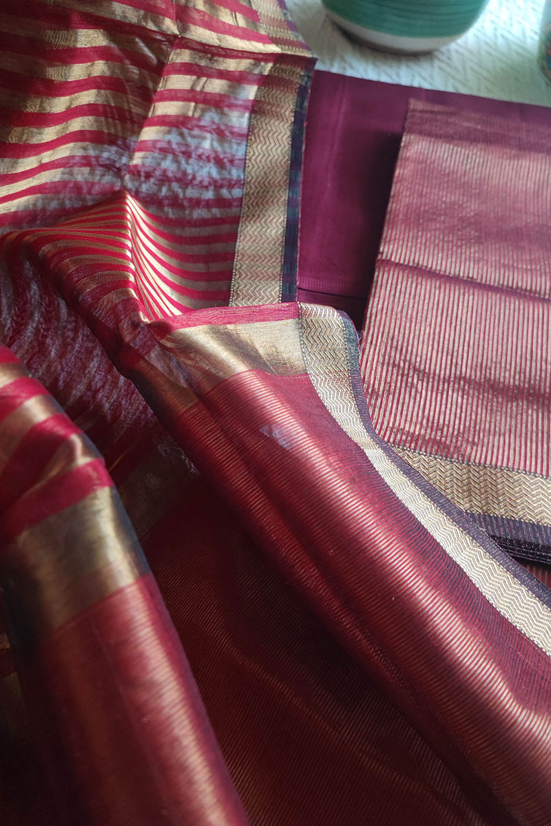 Red Maheshwari Tissue Suit With Zari Striped Shirt and Dupatta