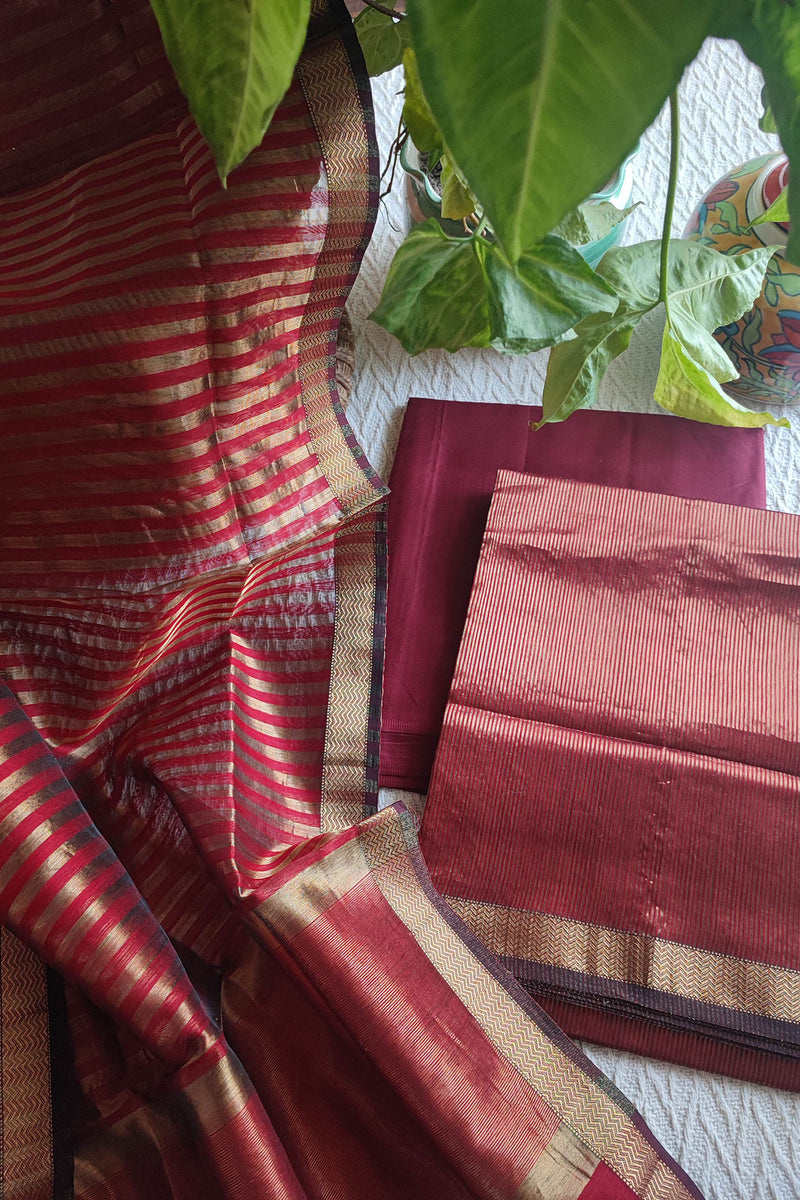 Red Maheshwari Tissue Suit With Zari Striped Shirt and Dupatta
