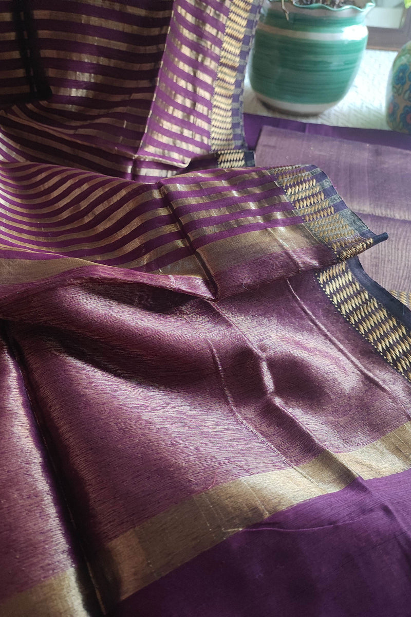 Purple Maheshwari Tissue Suit With Zari Striped Shirt and Dupatta