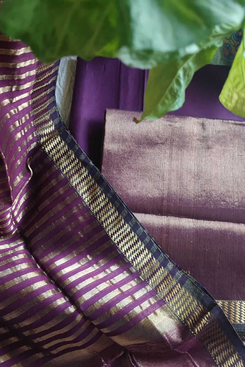 Purple Maheshwari Tissue Suit With Zari Striped Shirt and Dupatta