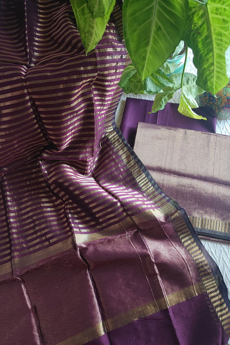 Purple Maheshwari Tissue Suit With Zari Striped Shirt and Dupatta