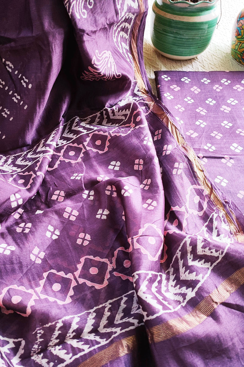 Purple Handblock Print Premium Chanderi Silk Suit