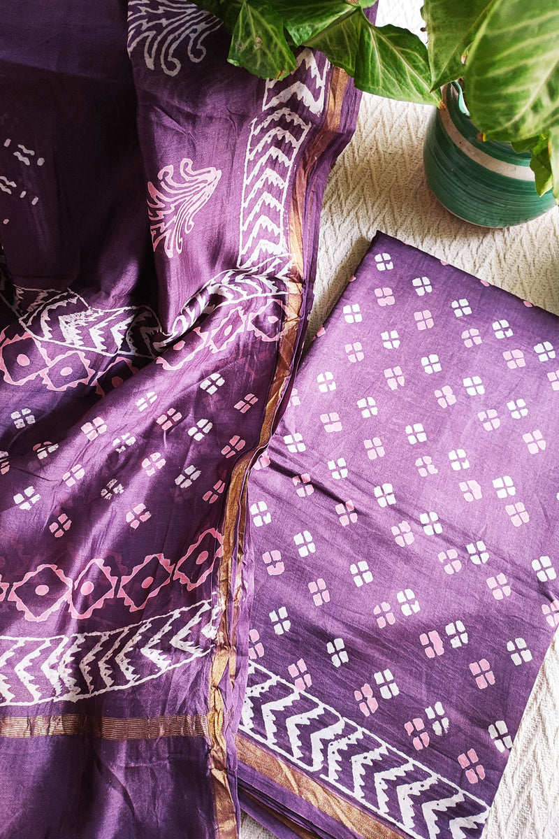 Purple Handblock Print Premium Chanderi Silk Suit