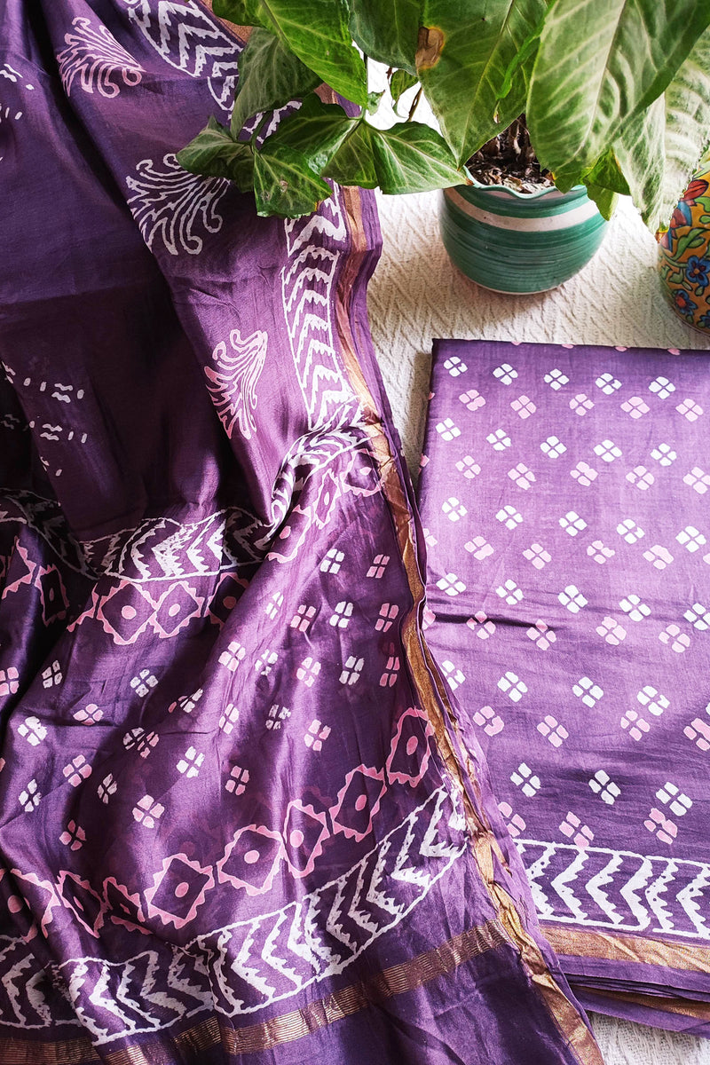 Purple Handblock Print Premium Chanderi Silk Suit