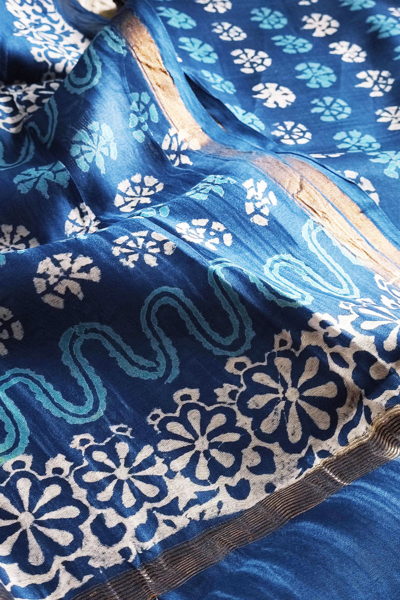 Electric Blue Handblock Print Premium Chanderi Silk Suit