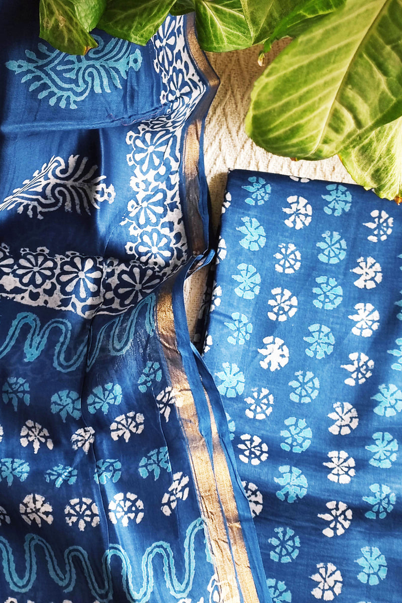 Electric Blue Handblock Print Premium Chanderi Silk Suit