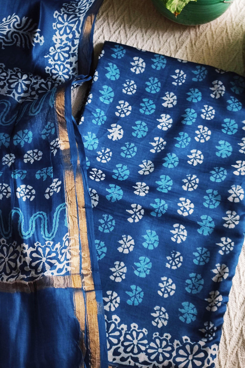 Electric Blue Handblock Print Premium Chanderi Silk Suit