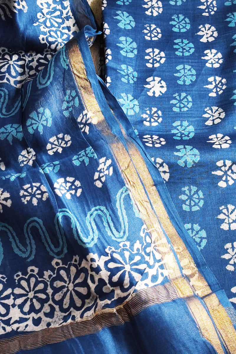 Electric Blue Handblock Print Premium Chanderi Silk Suit