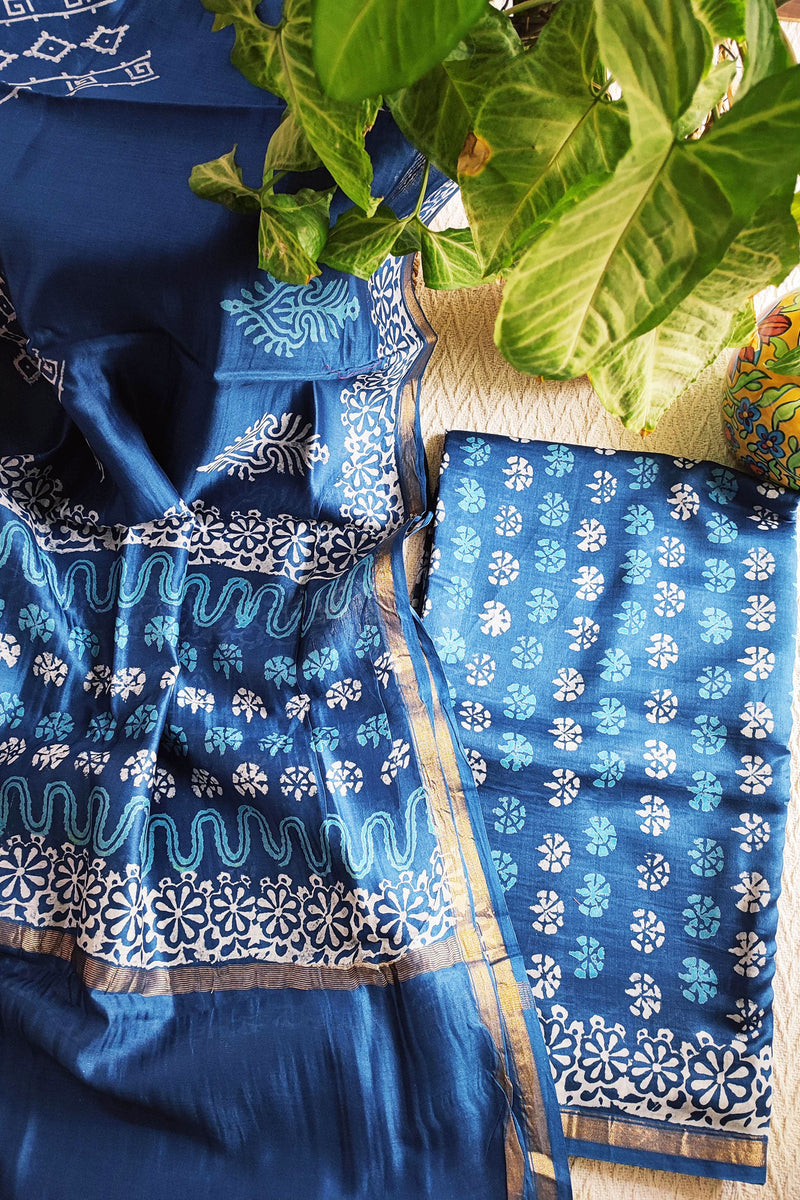 Electric Blue Handblock Print Premium Chanderi Silk Suit