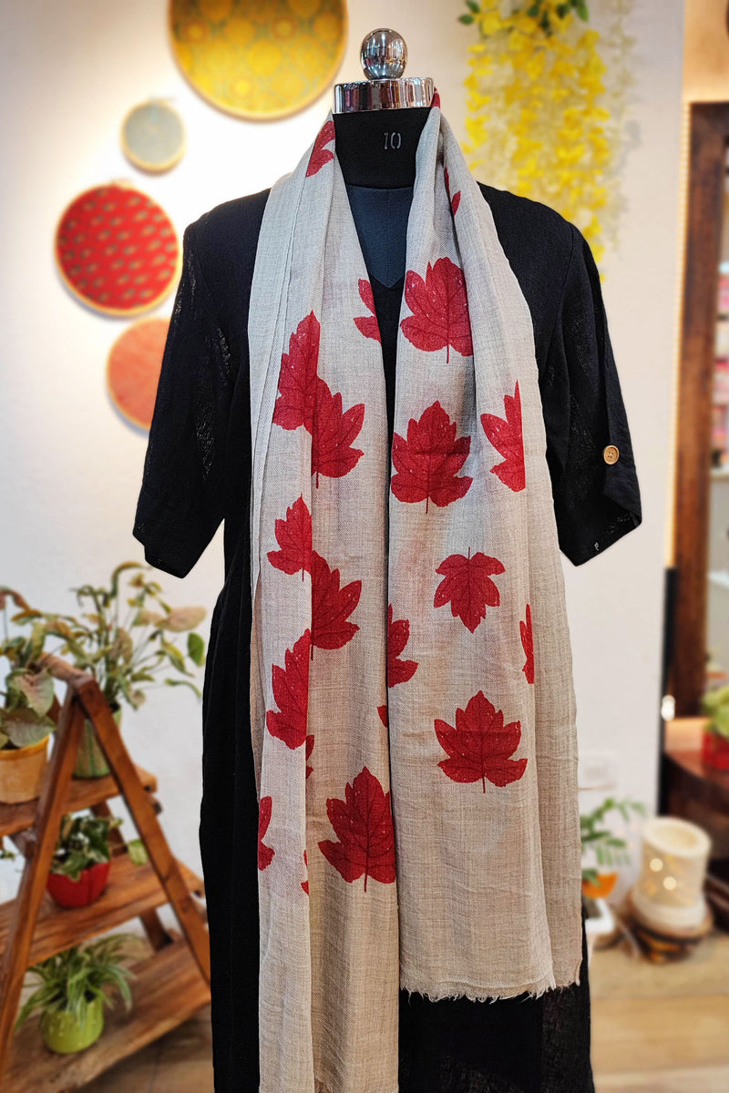 Greige Maple Leaf Print Fine Wool Pashmina Stole