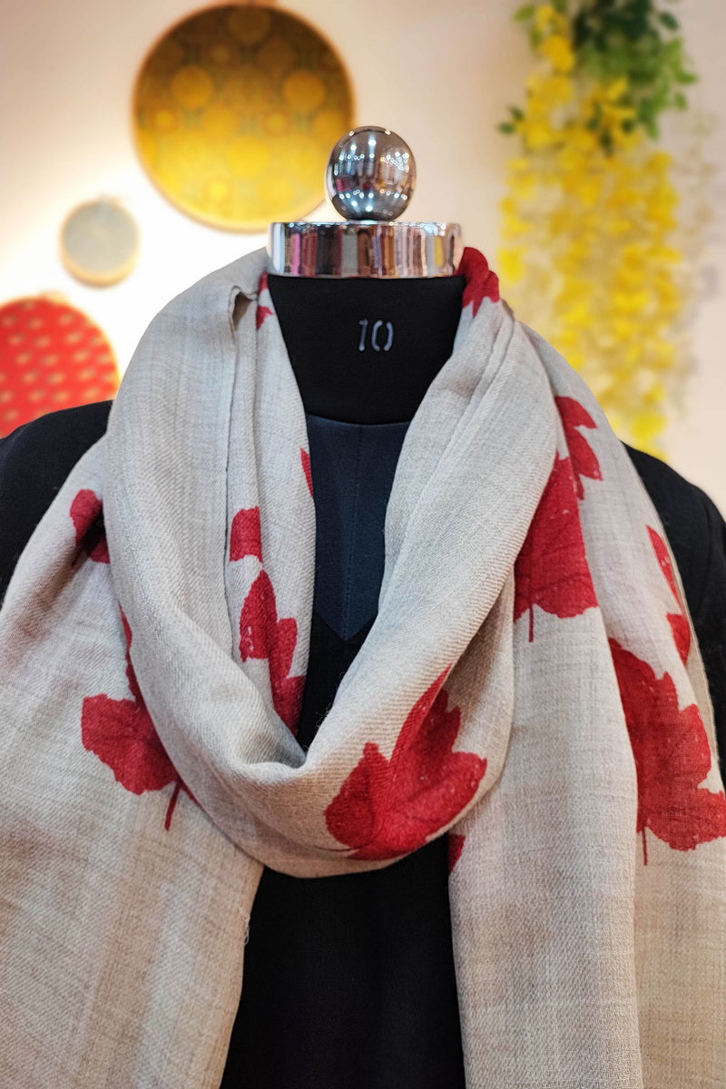 Greige Maple Leaf Print Fine Wool Pashmina Stole