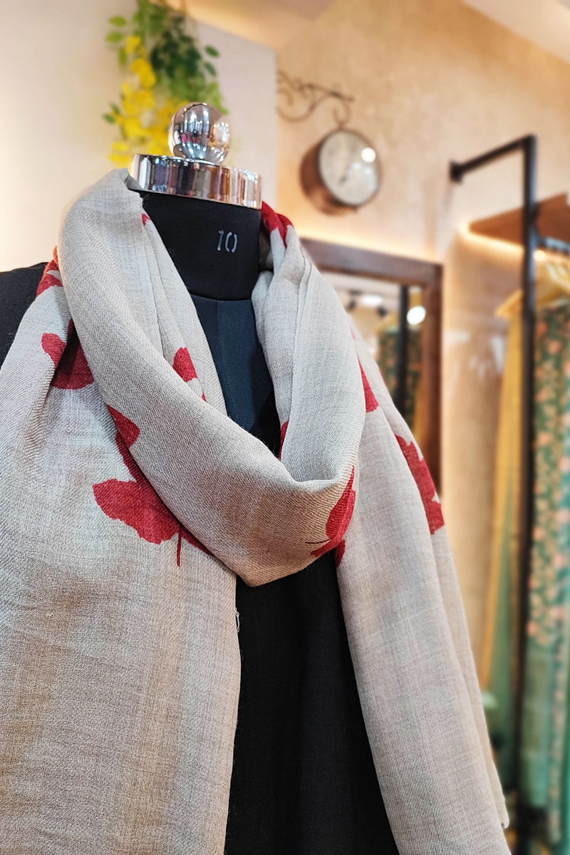 Greige Maple Leaf Print Fine Wool Pashmina Stole