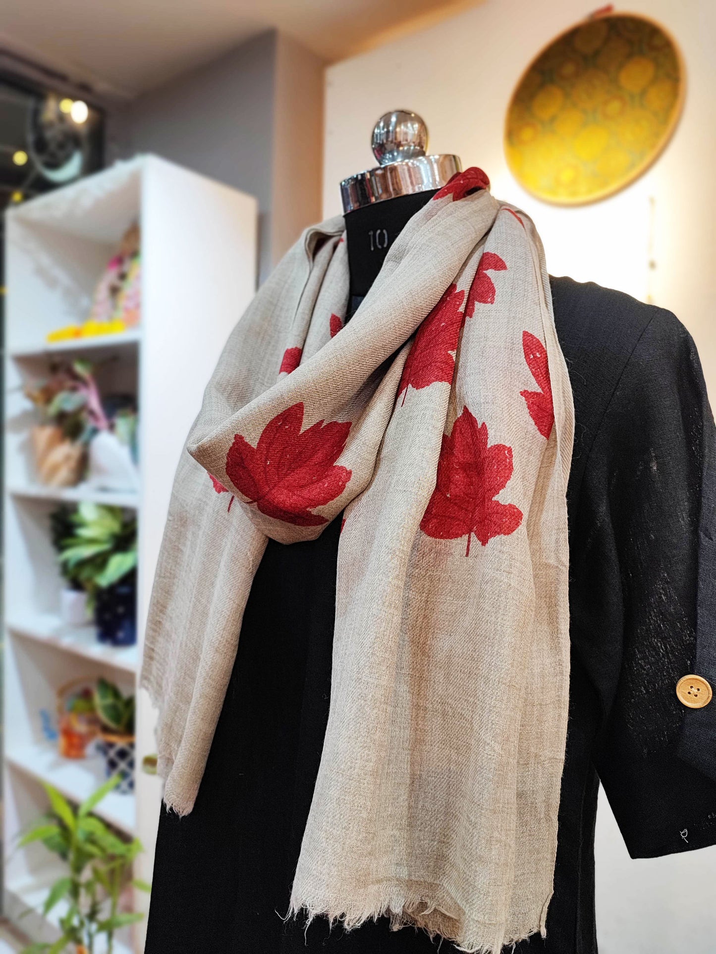 Greige Maple Leaf Print Fine Wool Pashmina Stole