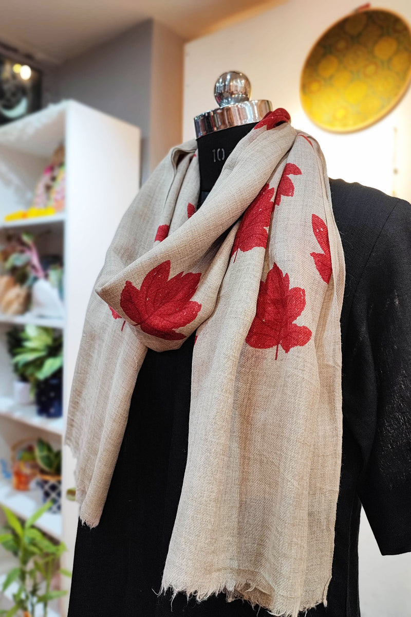 Greige Maple Leaf Print Fine Wool Pashmina Stole