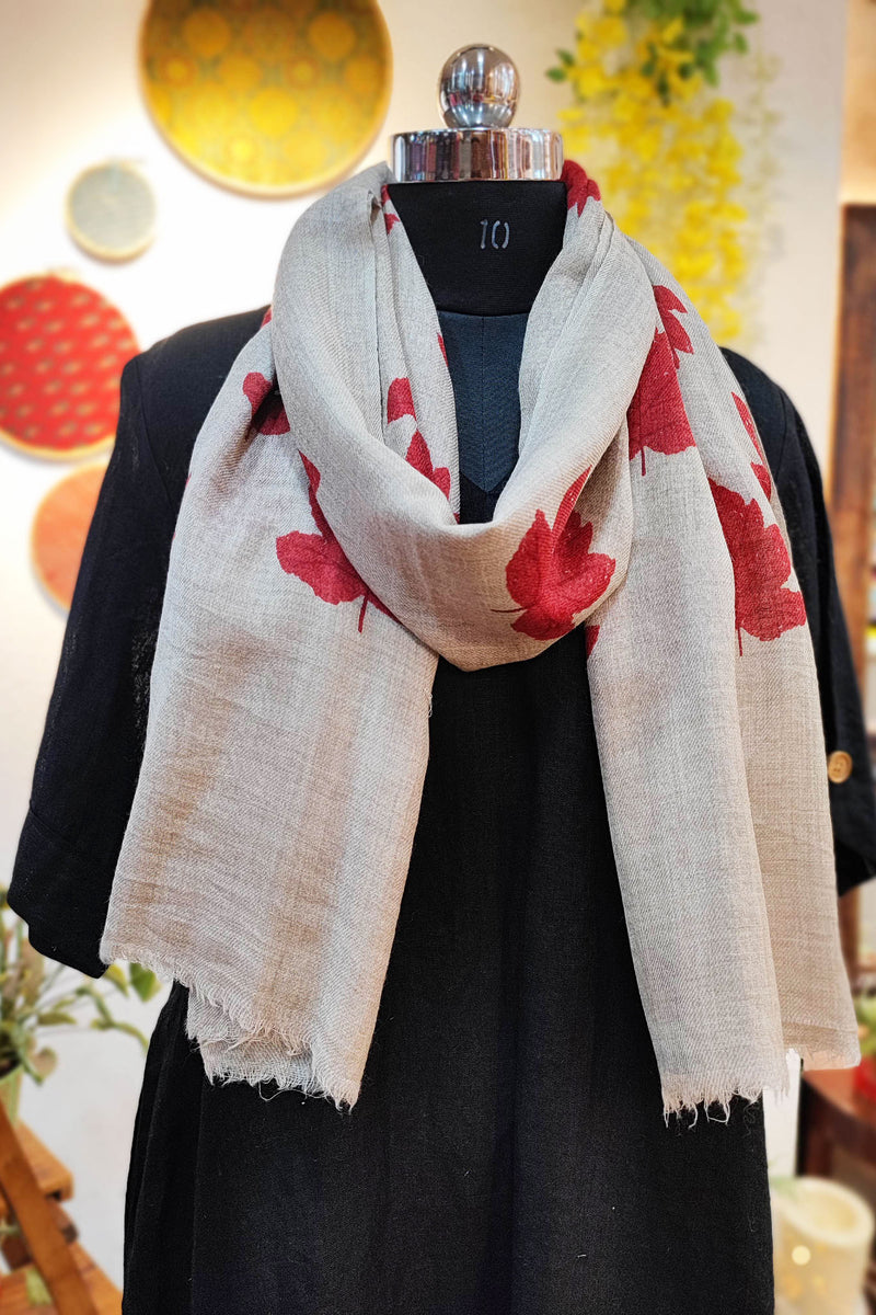 Greige Maple Leaf Print Fine Wool Pashmina Stole