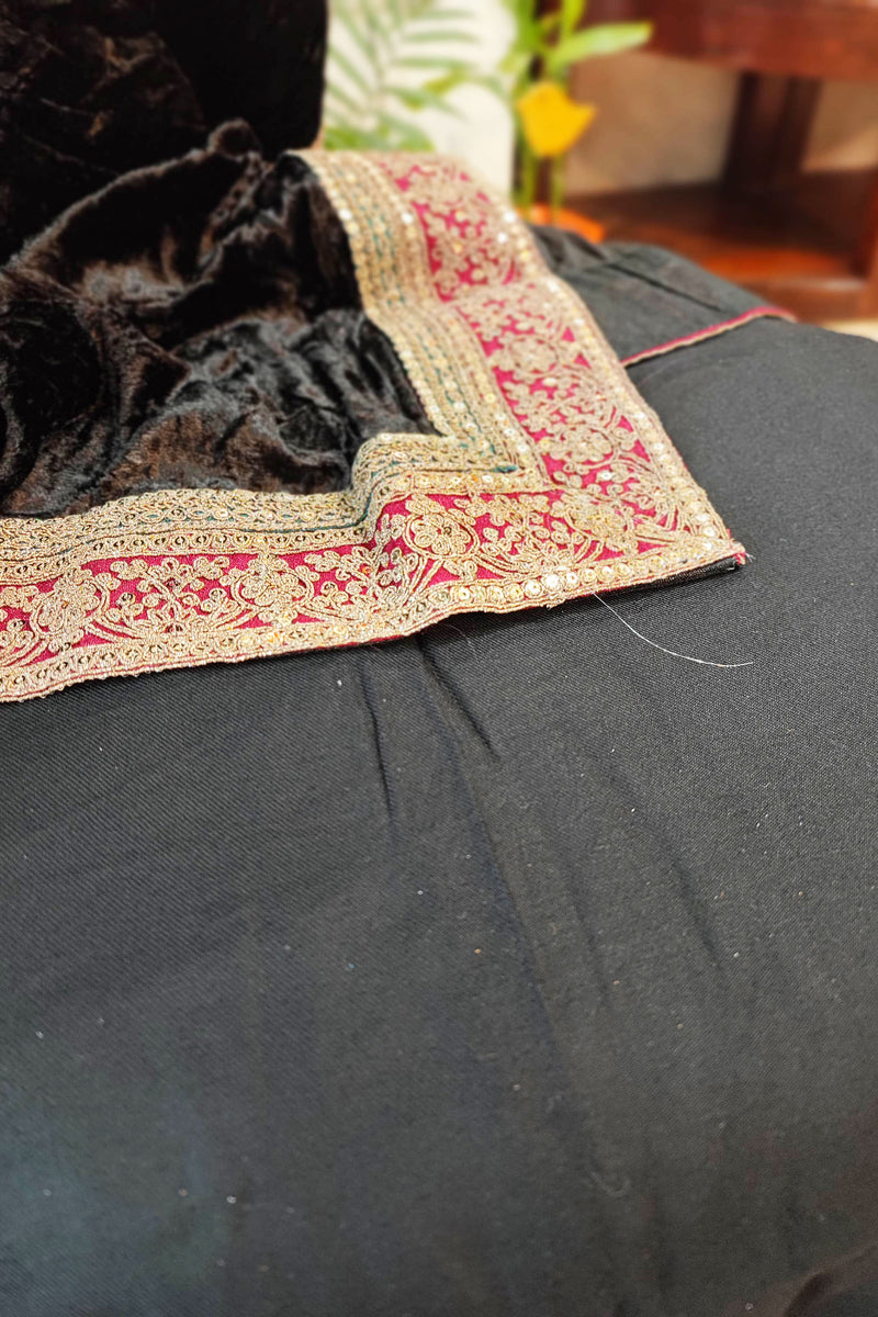 Black Velvet Suit Set with Exquisite Zari Handwork on Neck and Borders
