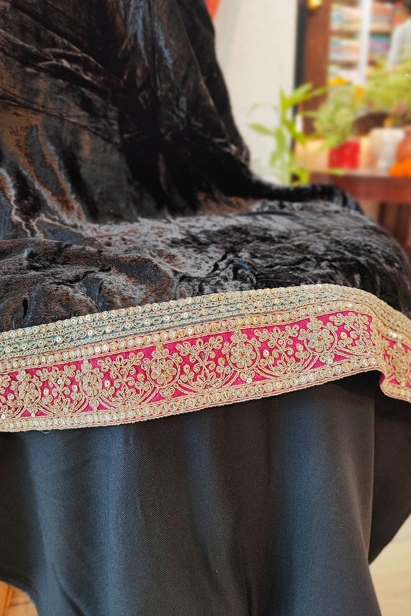 Black Velvet Suit Set with Exquisite Zari Handwork on Neck and Borders