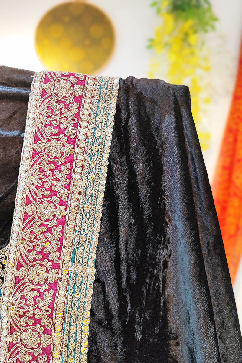 Black Velvet Suit Set with Exquisite Zari Handwork on Neck and Borders