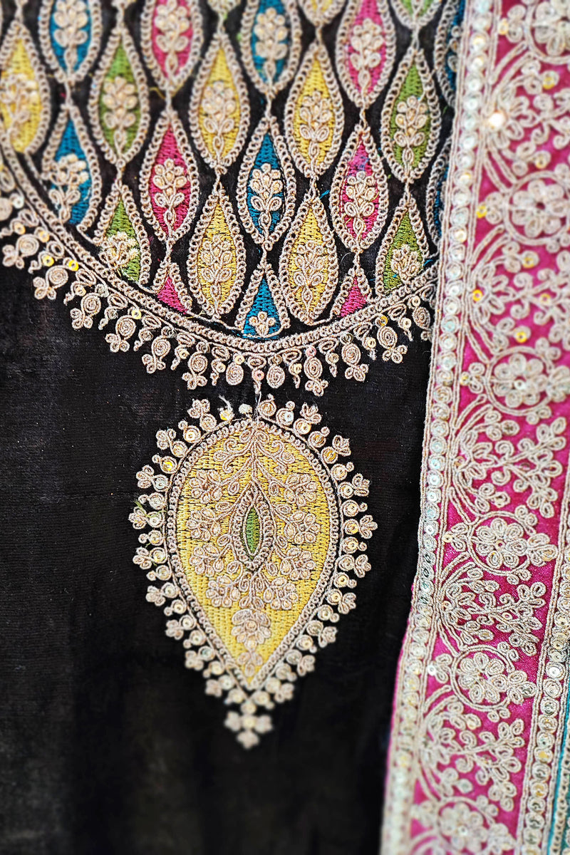 Black Velvet Suit Set with Exquisite Zari Handwork on Neck and Borders