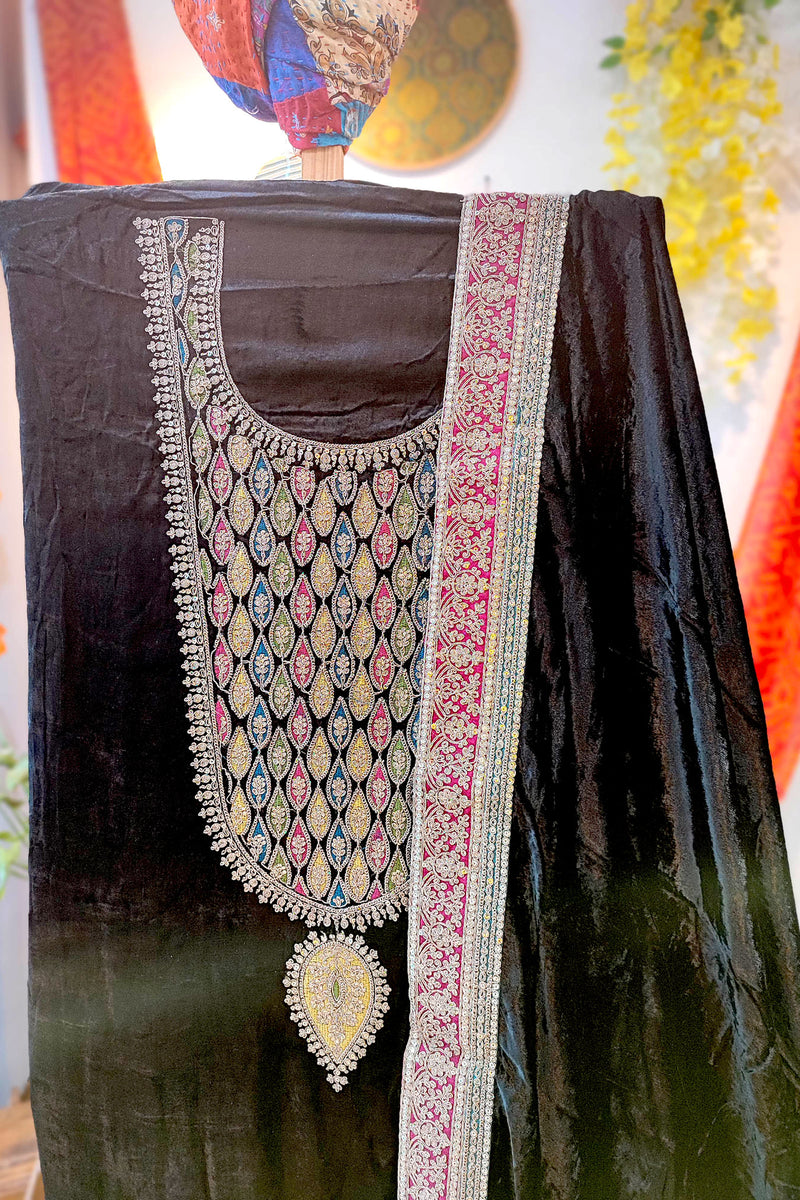 Black Velvet Suit Set with Exquisite Zari Handwork on Neck and Borders