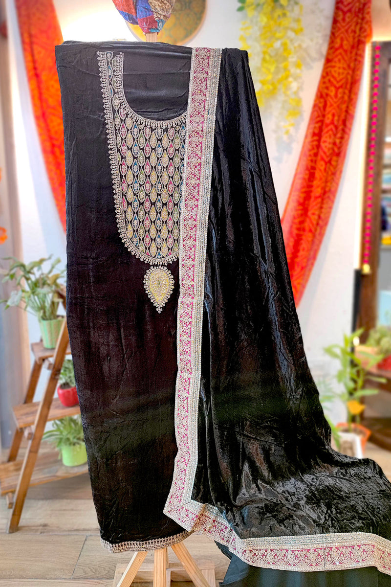 Black Velvet Suit Set with Exquisite Zari Handwork on Neck and Borders