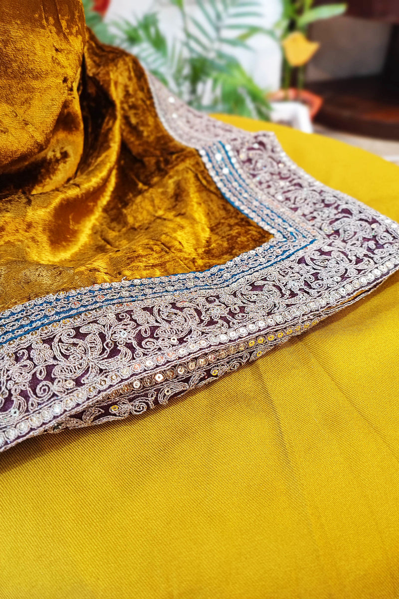 Mustard Velvet Suit Set with Exquisite Zari Handwork on Neck and Borders