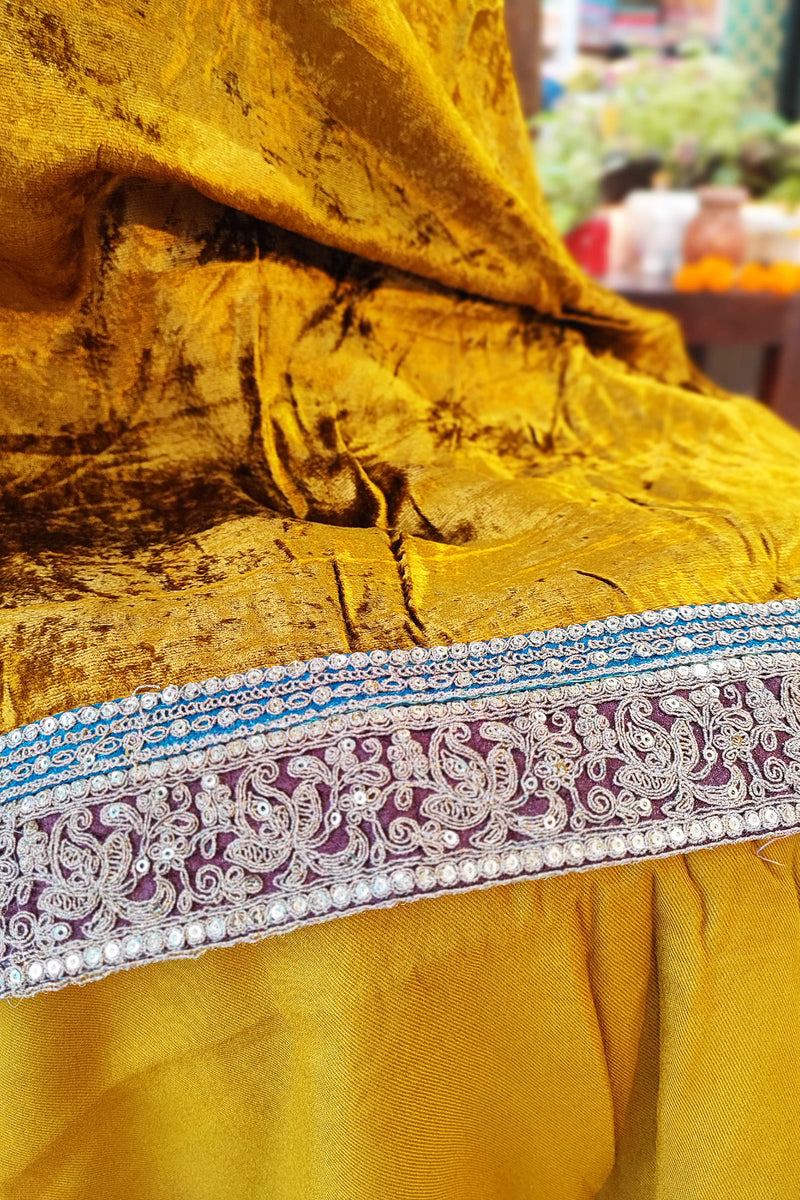 Mustard Velvet Suit Set with Exquisite Zari Handwork on Neck and Borders