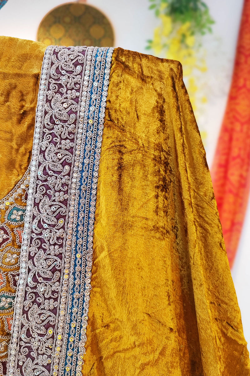 Mustard Velvet Suit Set with Exquisite Zari Handwork on Neck and Borders