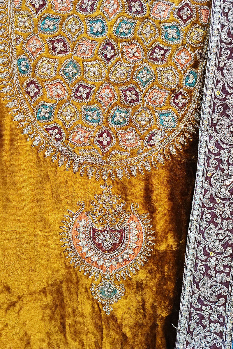 Mustard Velvet Suit Set with Exquisite Zari Handwork on Neck and Borders