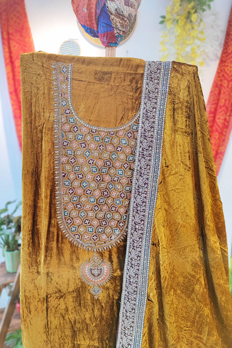 Mustard Velvet Suit Set with Exquisite Zari Handwork on Neck and Borders