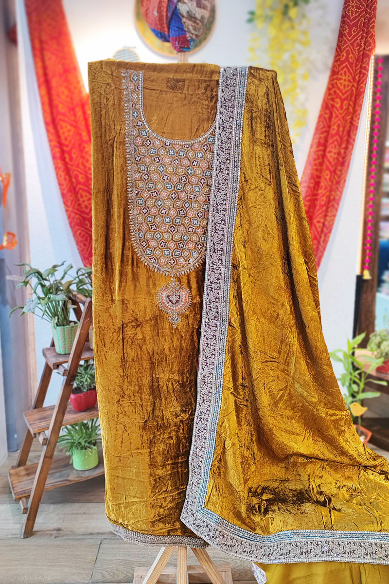 Mustard Velvet Suit Set with Exquisite Zari Handwork on Neck and Borders