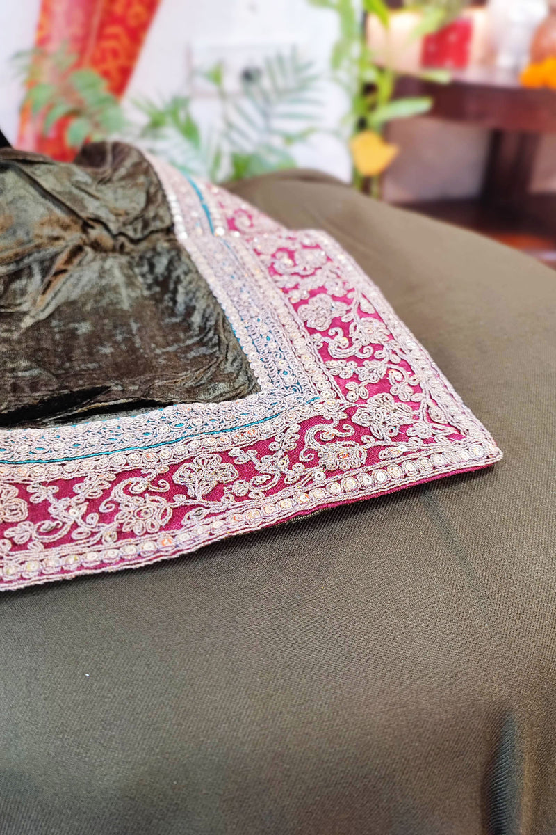 Dark Olive Velvet Suit Set with Exquisite Zari Handwork on Neck and Borders