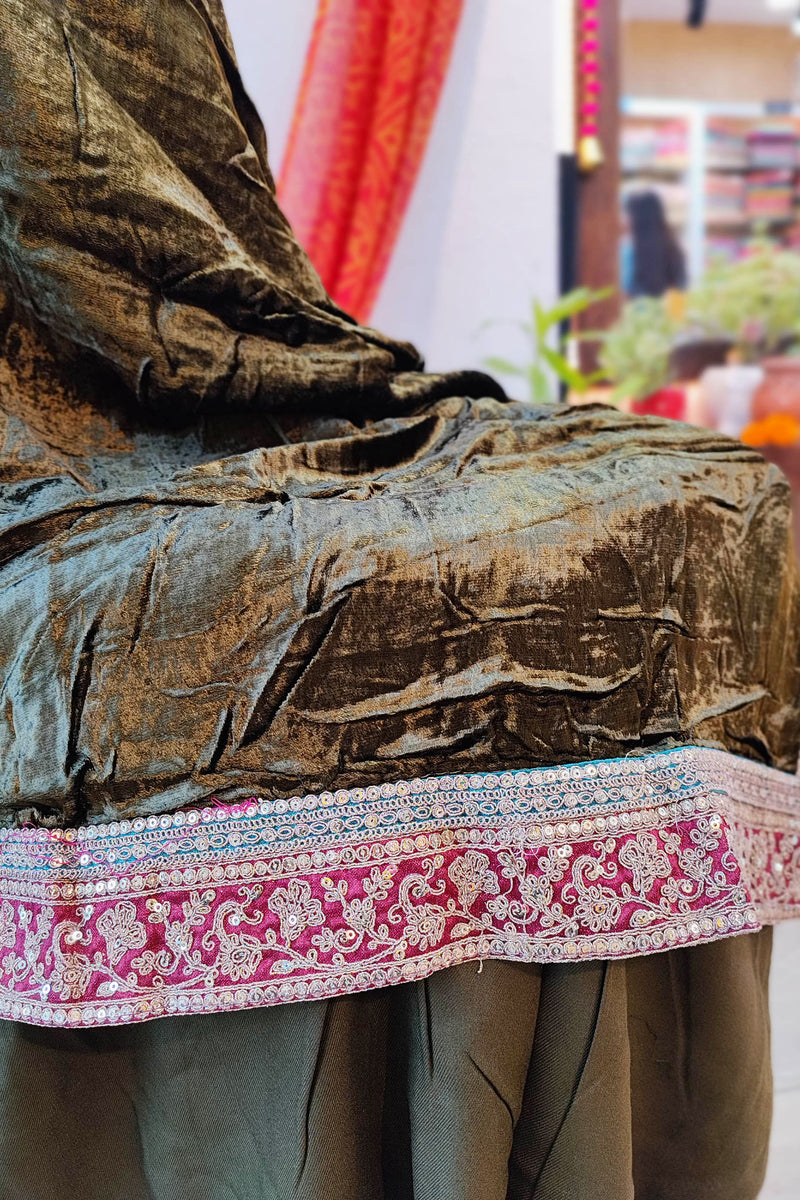 Dark Olive Velvet Suit Set with Exquisite Zari Handwork on Neck and Borders