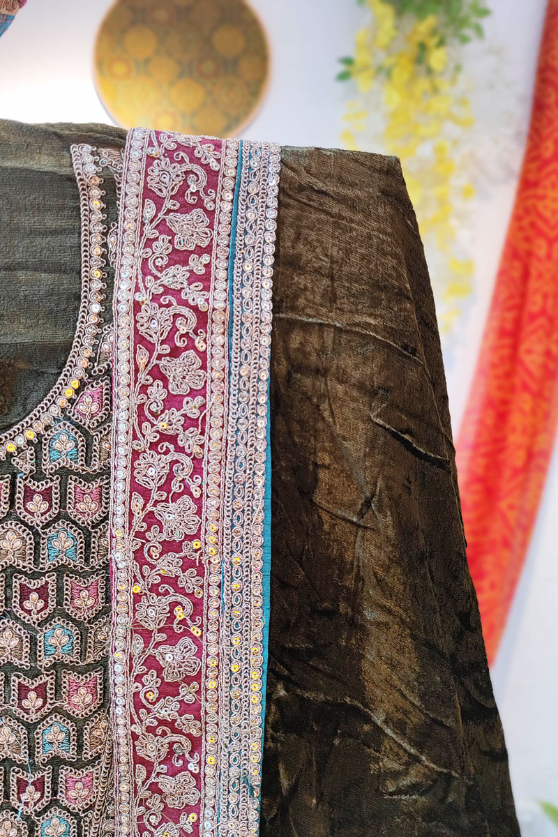 Dark Olive Velvet Suit Set with Exquisite Zari Handwork on Neck and Borders