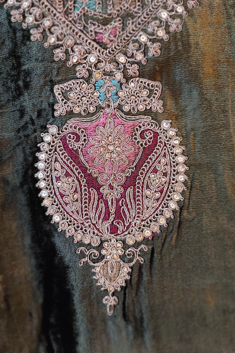 Dark Olive Velvet Suit Set with Exquisite Zari Handwork on Neck and Borders