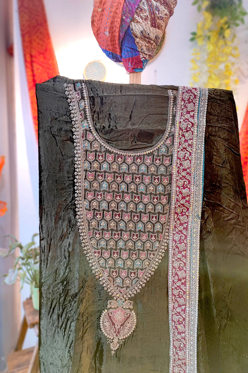 Dark Olive Velvet Suit Set with Exquisite Zari Handwork on Neck and Borders
