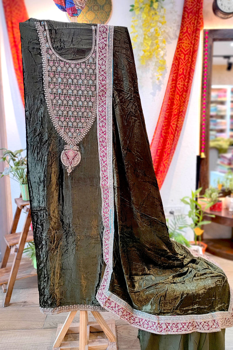 Dark Olive Velvet Suit Set with Exquisite Zari Handwork on Neck and Borders