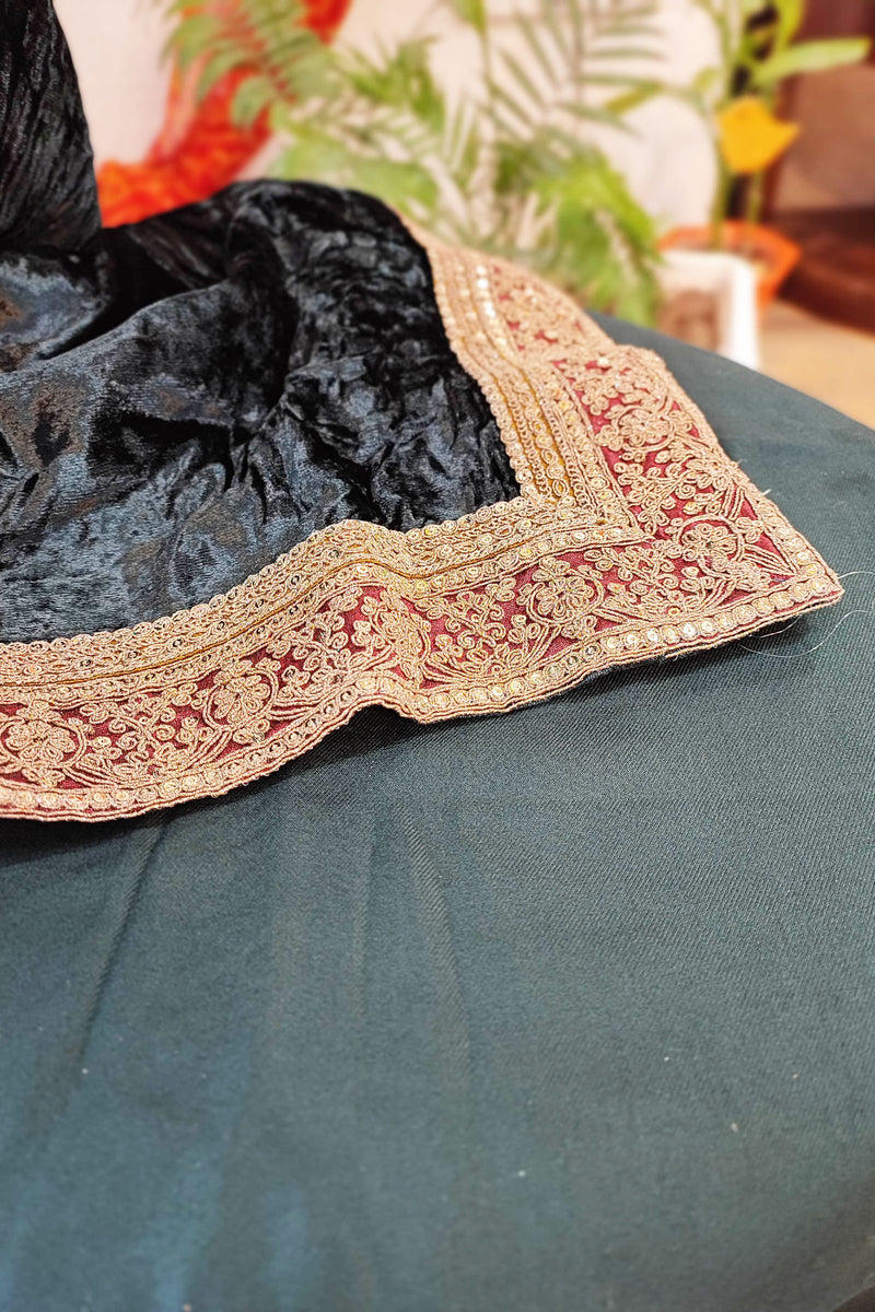 Velvet Suit Set with Exquisite Zari Handwork on Neck and Borders